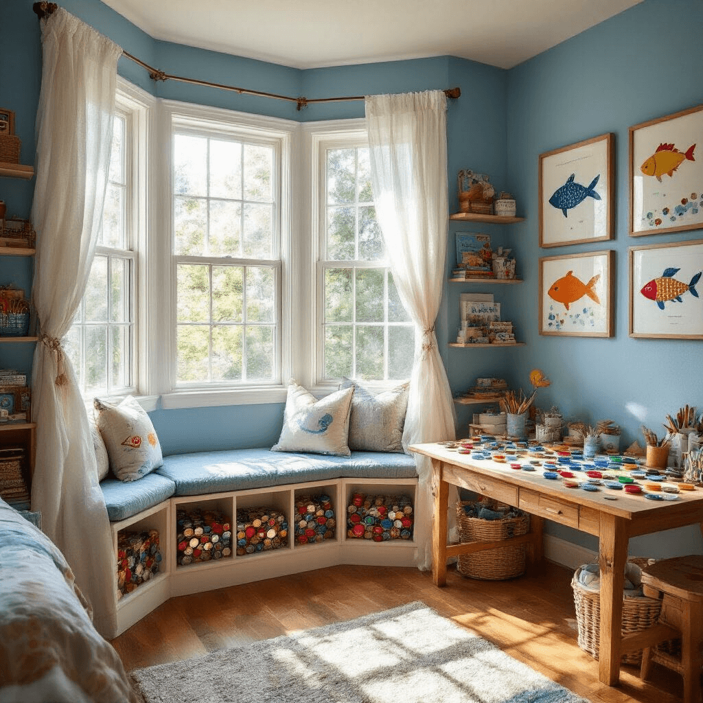 A cozy kid's bedroom with blue walls, bathed in warm sunlight, featuring a cushioned reading nook in a bay window, a crafting table covered in colorful bottle caps shaped like fish, and walls adorned with framed bottle-cap fish art. Bookshelves filled with marine-themed stories and craft supplies enhance the playful atmosphere, with sheer curtains billowing softly in the light.