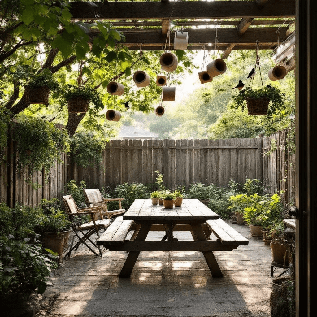 A tranquil backyard patio with a rustic wooden fence, featuring a weathered picnic table surrounded by mismatched chairs. Colorful toilet paper roll bird feeders hang from tree branches and the roof, attracting various birds. Dappled morning light filters through the trees, illuminating potted plants and climbing vines, creating a serene, nature-inspired ambiance.