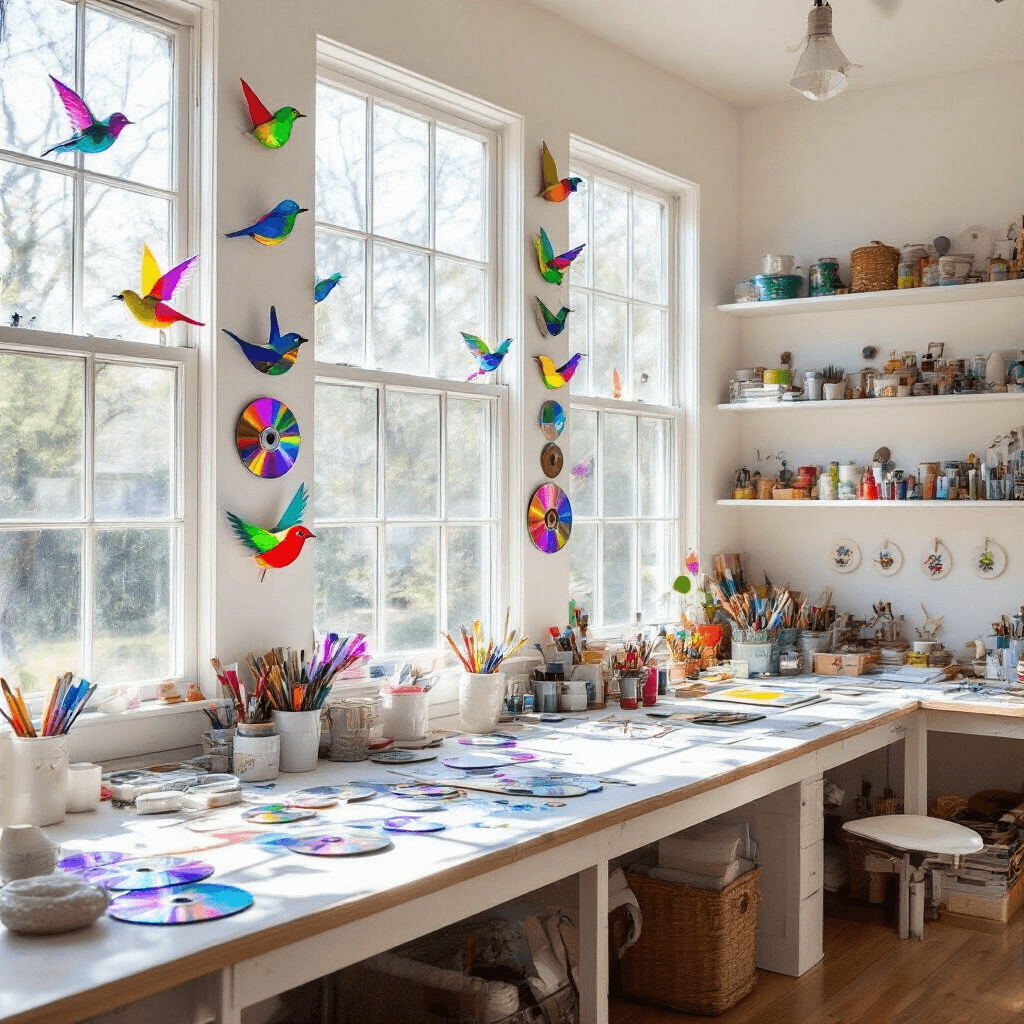 A bright craft room filled with natural light, featuring white walls adorned with colorful CD birds reflecting rainbow patterns, a long crafting table cluttered with art supplies, and shelves displaying finished creations, all highlighting a whimsical and creative atmosphere.