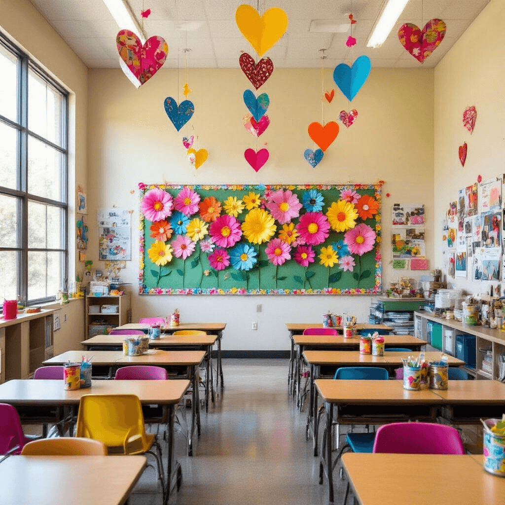 A vibrant classroom filled with eco-friendly decor, featuring rows of desks facing a colorful bulletin board adorned with a 3D flower garland made from plastic bottles, alongside hanging paper heart mobiles and painted tin can organizers, all illuminated in bright, even lighting.