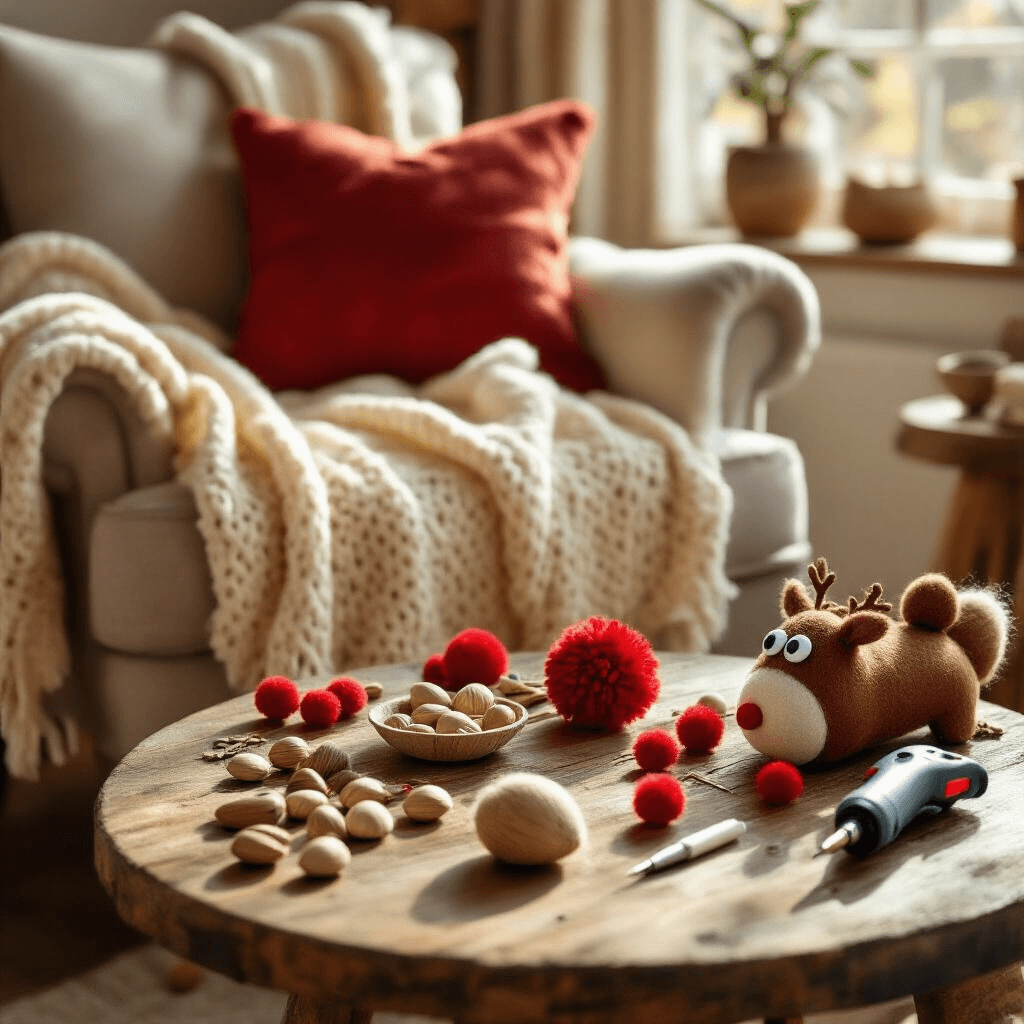 A cozy living room corner filled with soft afternoon light, featuring a plush armchair with a cream knit throw, a rustic wooden side table adorned with DIY ornament-making supplies, including walnut shells, googly eyes, red pom-poms, brown felt, and a hot glue gun, with a partially completed Rudolph ornament in the foreground, all set in warm hues of brown, cream, and red.