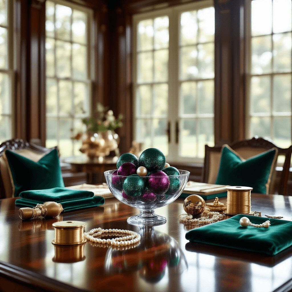 An elegant dining room with high ceilings and large windows, featuring a polished mahogany table adorned with a clear glass bowl of velvet-wrapped ornaments in jewel tones, surrounded by crafting materials including velvet squares, gold ribbon spools, and pearl strands, all illuminated by soft, diffused late morning light.