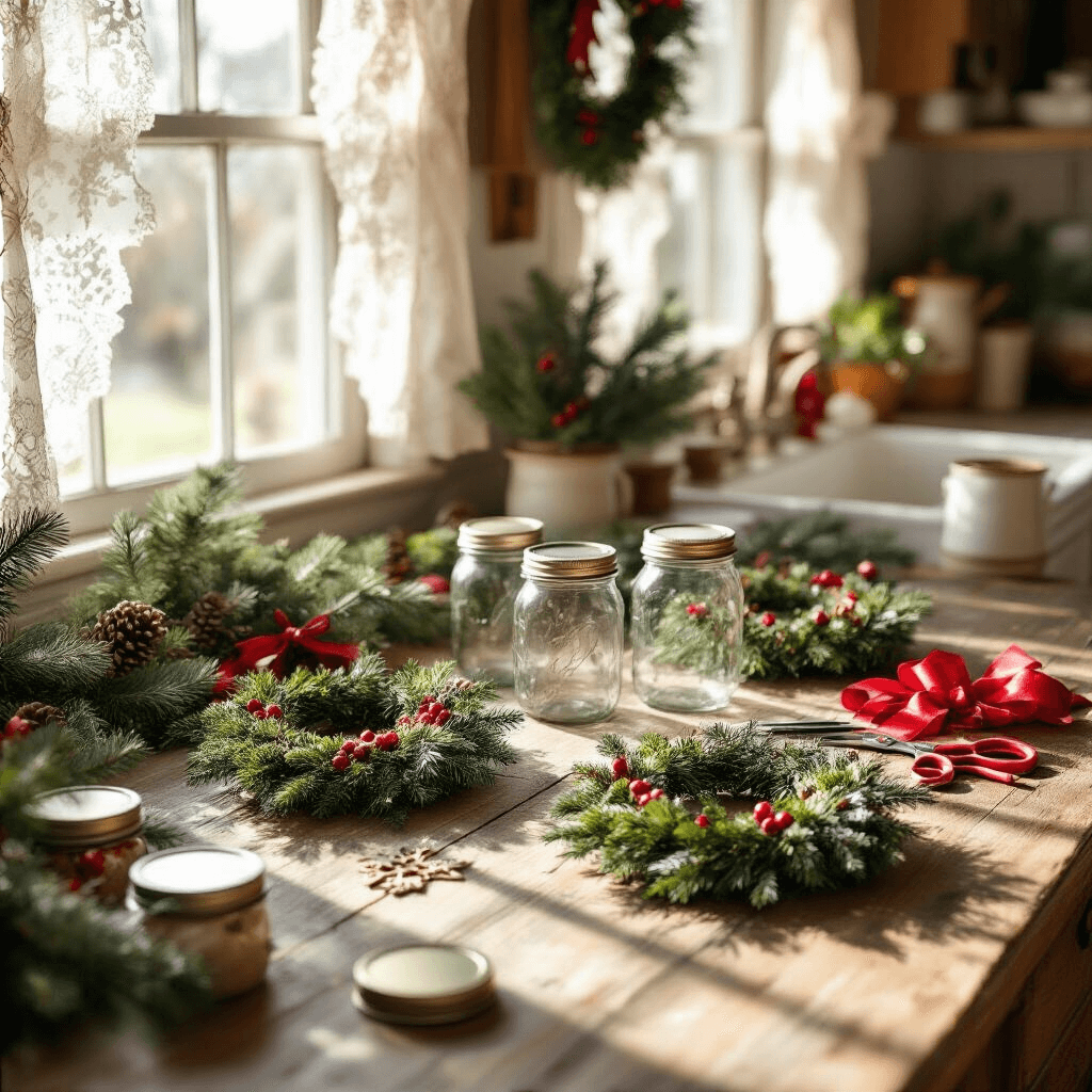 A close-up of miniature wreaths made from mason jar lids adorned with fresh evergreen and red berries on a weathered farmhouse table, with sunlight filtering through lace curtains, casting shadows. The blurred country kitchen in the background features warm wood tones, crisp whites, and festive holiday decor.