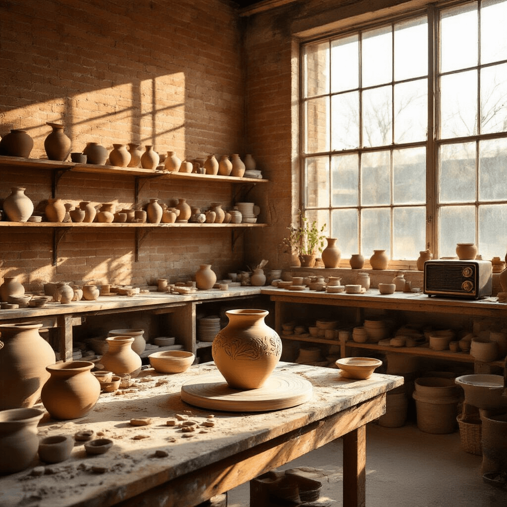 A sunlit pottery studio with exposed brick walls and tall windows, featuring a large wooden workbench, a potter's wheel with a carved vase, and shelves of pottery in warm earth tones.