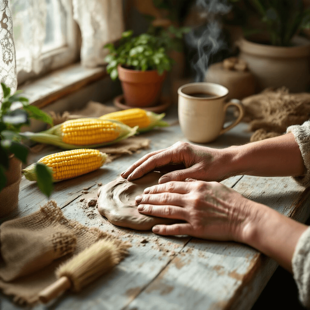 Close-up of hands pressing household objects into soft brown clay on a weathered wooden table, illuminated by soft morning light filtering through lace curtains. Various items like corn cobs and burlap are nearby, while a steaming mug of coffee sits out of focus. The scene has a warm color palette of browns and whites, creating an intimate and tactile atmosphere.
