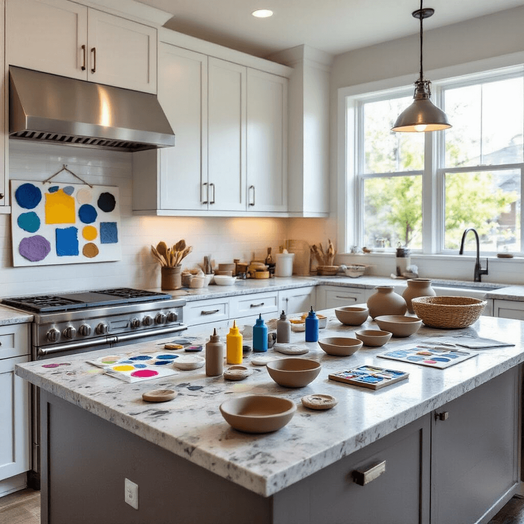 A bright, modern kitchen island featuring a pottery decoration station with leather-hard clay pieces, colorful slip bottles, and stencils, surrounded by sleek white cabinets and stainless steel appliances, illuminated by natural light from a bay window.