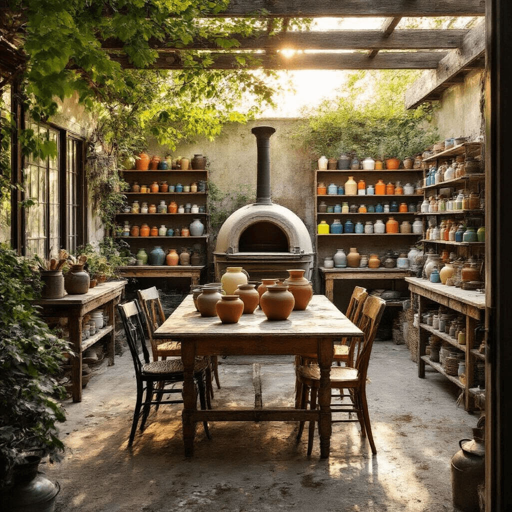 A rustic outdoor pottery glazing area during golden hour, featuring a large farmhouse table with pots, colorful glazes on shelves, a vintage kiln, lush greenery, and textured concrete floor. The scene is warm and inviting, highlighting creative tools in distressed metal watering cans.