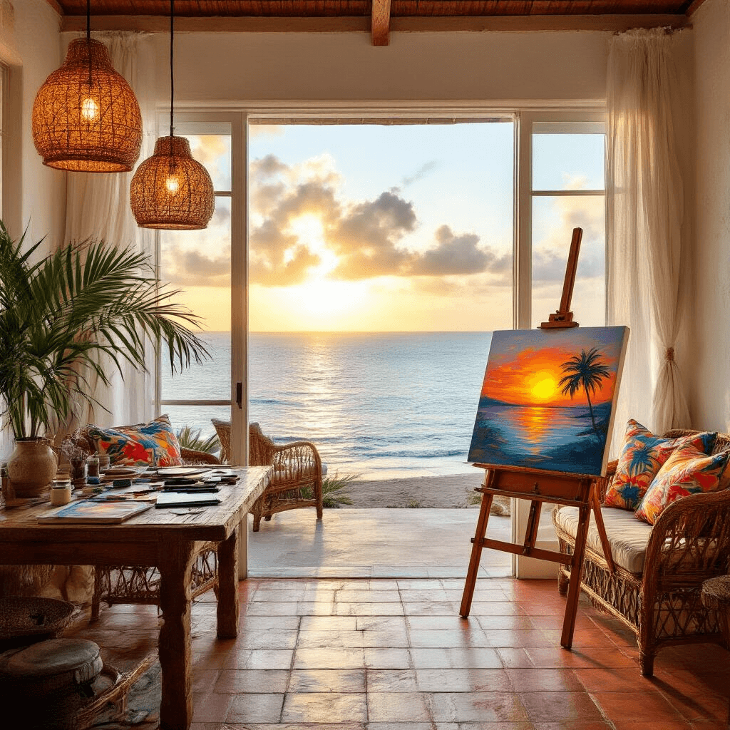 A sunlit beachfront studio with panoramic ocean views, featuring an easel with a tropical sunset painting, scattered art supplies, rattan furniture, and warm lighting, creating a serene and inspiring atmosphere.