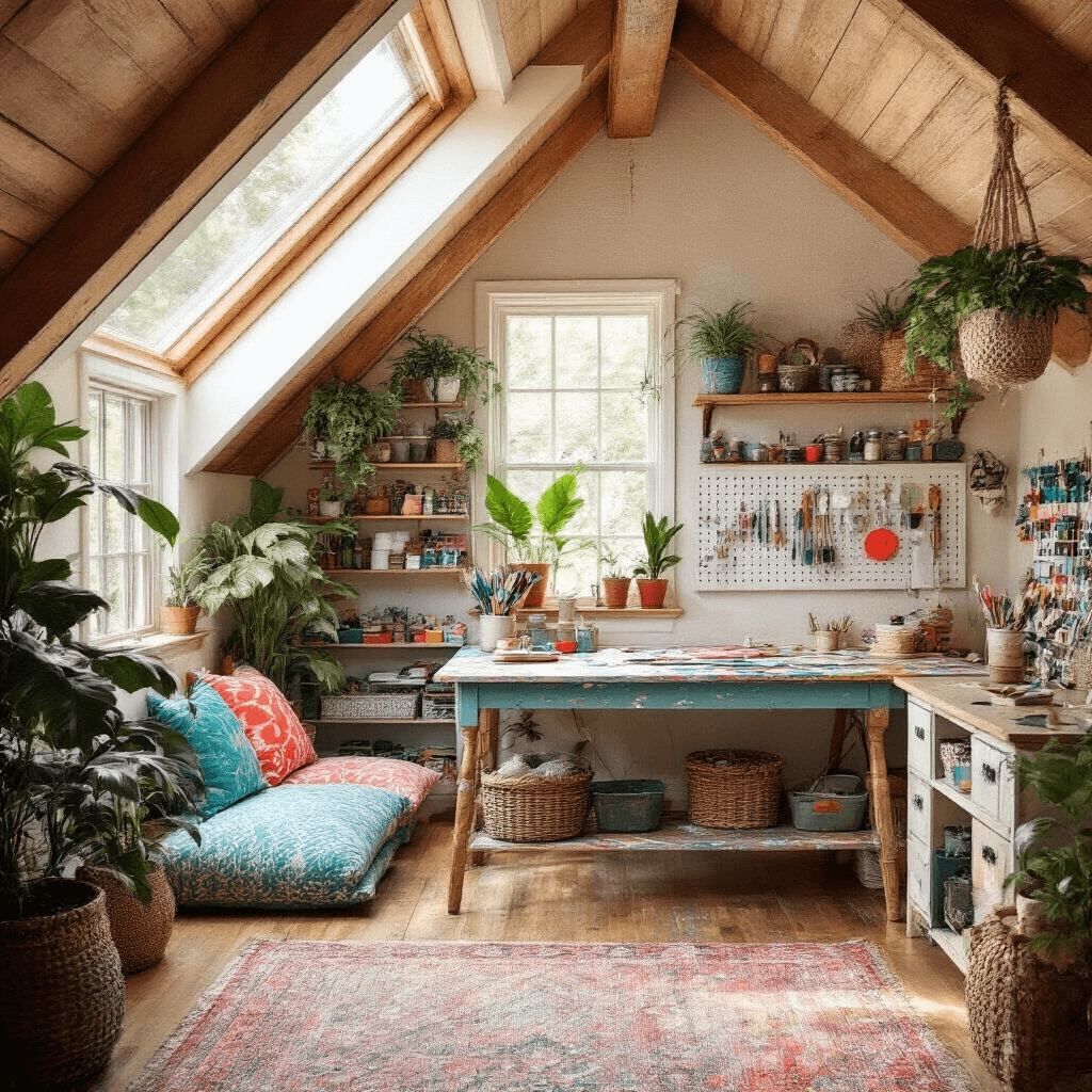 A bright and inviting craft room featuring a slanted ceiling with wooden beams, a large skylight, and a paint-splattered farmhouse table as the central workstation. Walls are lined with colorful craft supplies and an organized pegboard, while potted tropical plants and oversized floor cushions add warmth and vibrant patterns to the space.