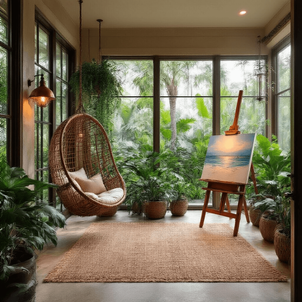 A spacious sunroom with floor-to-ceiling windows, showcasing a tropical garden, featuring a rattan hanging chair, angled drafting table with palm leaf sketches, an antique easel with a beach scene, potted monstera and fiddle leaf fig trees, and warm ambient lighting, all in a soothing color palette.