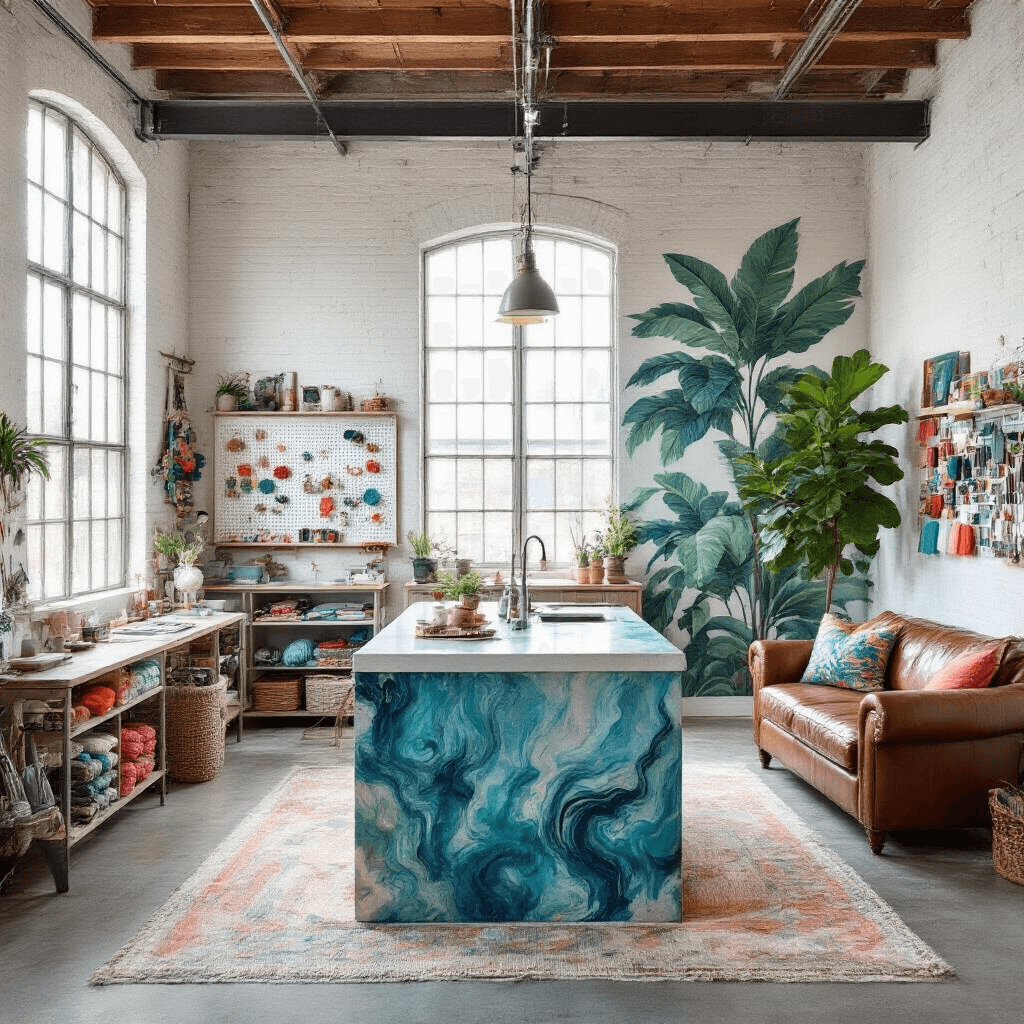 A spacious, airy 14x16 ft loft featuring high ceilings, industrial-style windows, and a white-painted exposed brick wall adorned with a large abstract tropical mural. The central island workstation showcases a resin-poured surface in swirling blues and greens. A wall-mounted pegboard displays various crafting tools, while floating shelves overflow with colorful yarn and fabric swatches. A vintage leather armchair occupies a cozy reading nook beside a fiddle leaf fig tree in an oversized ceramic pot. The color scheme includes crisp white, deep teal, and pops of coral, captured in bright lighting to emphasize textures and create an energetic atmosphere.