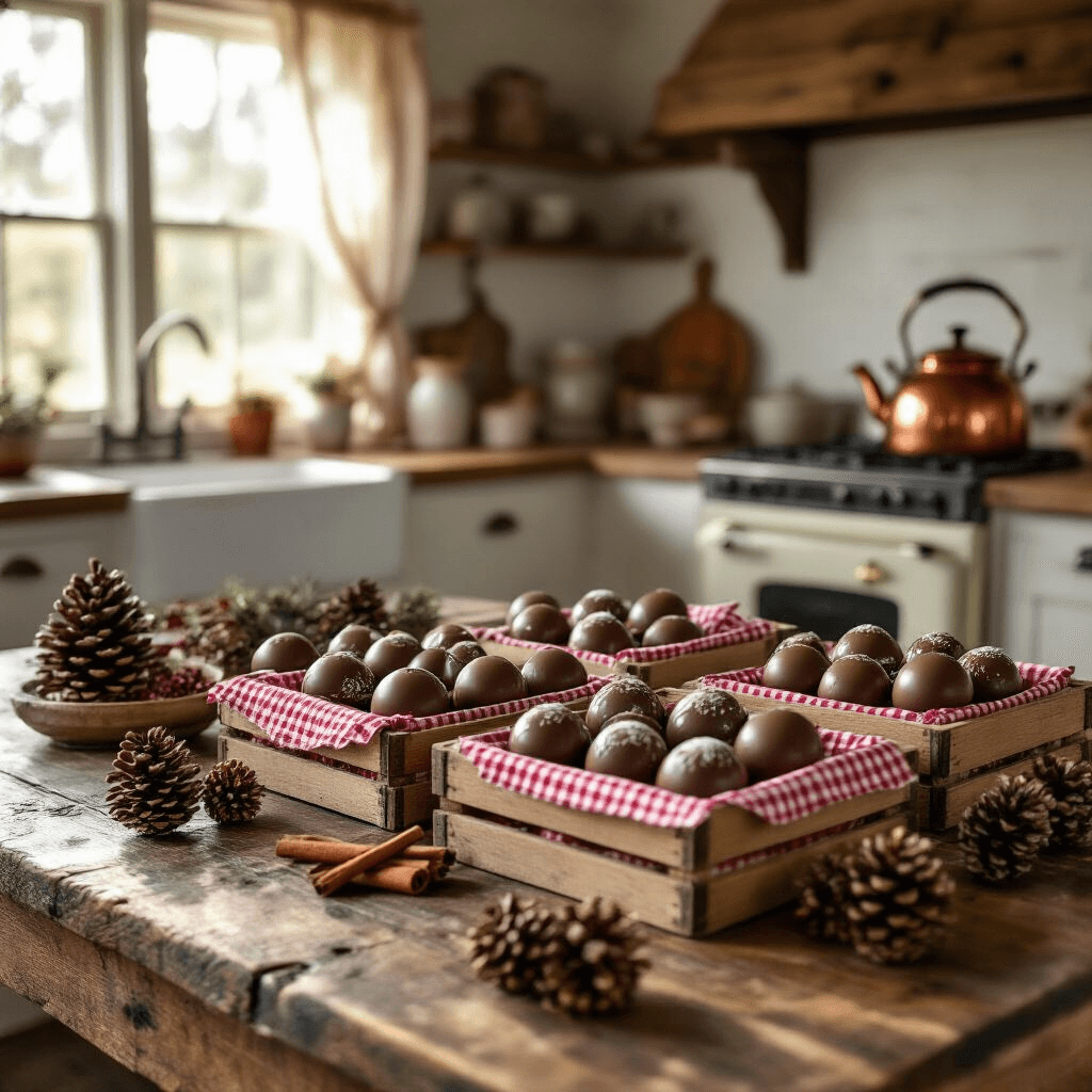A cozy farmhouse kitchen with warm afternoon light, featuring rustic wooden tables with hot chocolate bombs in crates lined with red gingham, scattered pinecones and cinnamon sticks, exposed beams, whitewashed walls, and a steaming copper kettle on a vintage stove, all captured in soft focus.