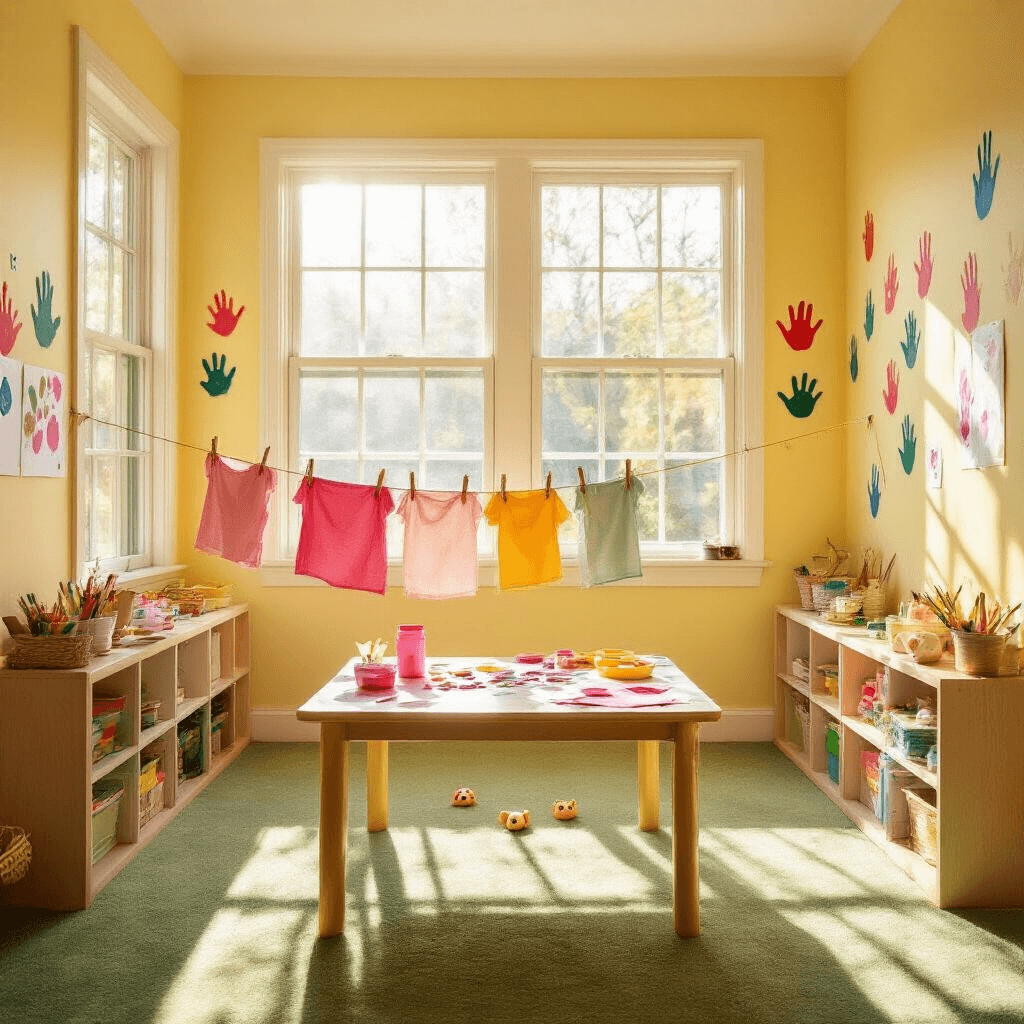 A sunlit children's playroom featuring large windows, a central craft table covered in pink paint and art supplies, drying footprint piggies on a clothesline, colorful handprints on pale yellow walls, and a soft green carpet, all captured in a wide shot that emphasizes a playful and creative atmosphere.