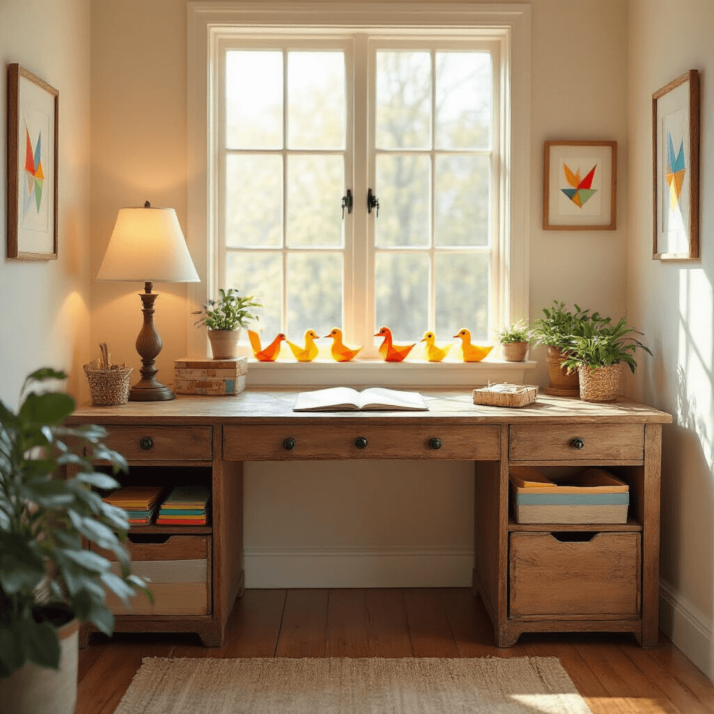 A cozy home office nook with a rustic wooden desk facing a window adorned with origami ducks. The warm oak flooring and cream walls featuring framed origami art create a serene atmosphere, while a vintage lamp casts a soft glow. Open drawers filled with colorful paper squares and potted plants add life, all bathed in soft, golden hour sunlight.