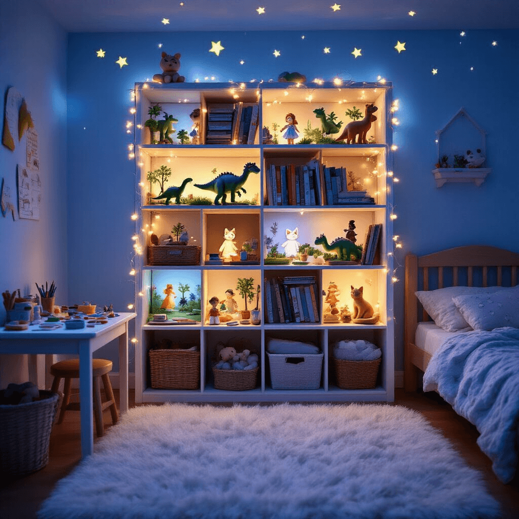 A cozy child's bedroom illuminated by warm, twinkly fairy lights at dusk, featuring a bookshelf filled with colorful shoebox dioramas of dinosaurs, fairies, and cats, pale blue walls, a fluffy white rug, and a small craft worktable with creative supplies. Glow-in-the-dark stars decorate the ceiling, seen from a low angle perspective that highlights the enchanting miniature worlds.