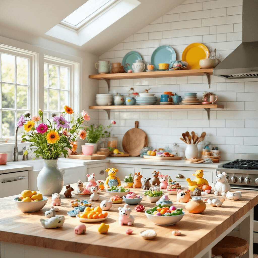 Overhead view of a bright kitchen with a large island covered in pastel-colored polymer clay charms, surrounded by white subway tile, butcher block counters, open shelving with colorful dishware, and a vase of fresh flowers, all bathed in cheerful natural light from skylights.