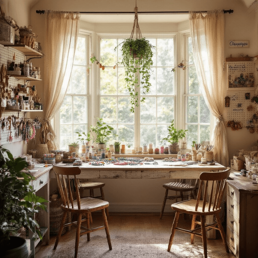 A cozy craft room filled with warm afternoon light, featuring a weathered wooden workbench cluttered with colorful beads and supplies, surrounded by mismatched vintage chairs. A bay window with gauzy curtains lets in light, while floating shelves display jars of crafting materials and quotes. A pegboard organizes tools, and a macramé plant hanger with ivy adds charm, captured in soft focus.