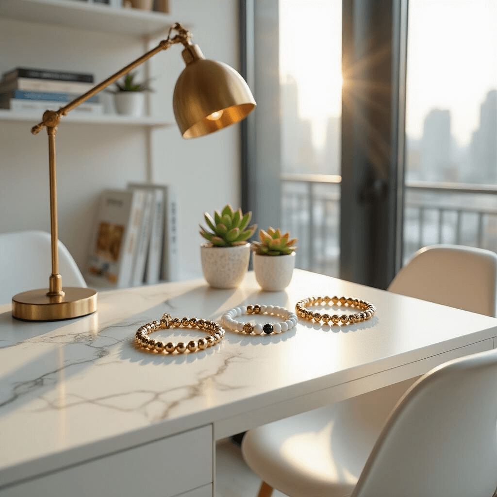 A bright, modern loft corner featuring a sleek white marble desk with colorful word bracelets displayed across its surface, illuminated by early morning light streaming through large windows. A gold lamp enhances the ambiance, while minimalist white shelves hold craft books and succulents, with a ghost chair tucked underneath, all set in a white and gold color scheme with pastel accents.
