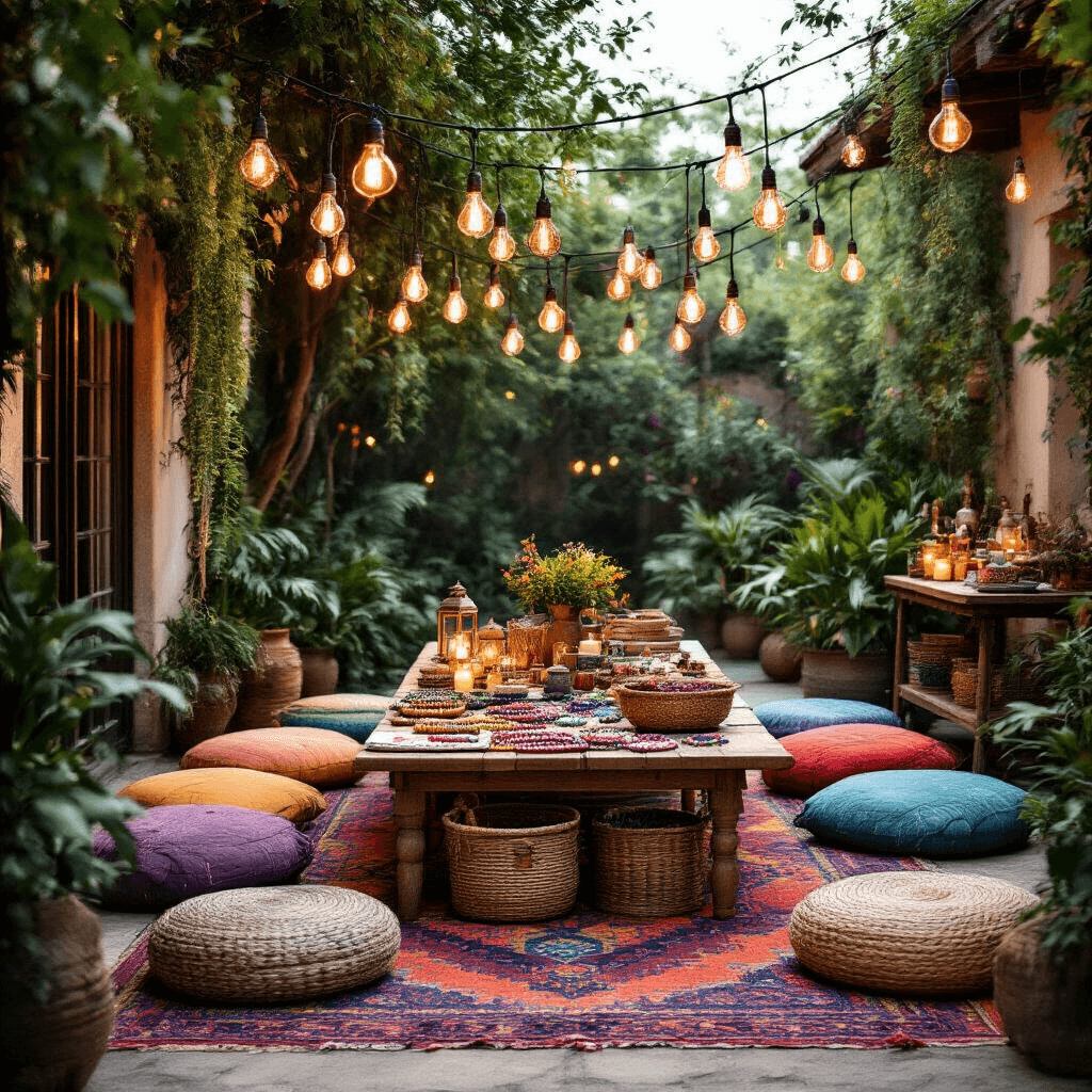 A bohemian outdoor patio set for a bracelet-making party, featuring Edison bulbs overhead, a low wooden table with a vibrant Moroccan rug, colorful cushions, woven baskets filled with beads, lanterns, and lush plants, all in rich jewel tones with metallic accents.