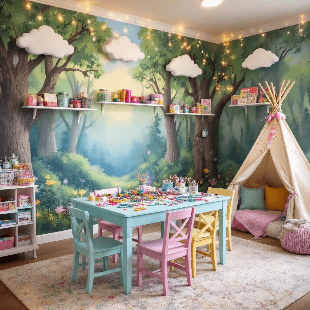 A whimsical children's playroom transformed into a bracelet-making wonderland, featuring a pastel-colored table overflowing with alphabet beads, a mural of a fantastical forest, cloud-shaped shelves filled with colorful supplies, a cozy teepee reading nook, twinkling fairy lights, and a vibrant dress-up station, all captured from a child's eye level with a dreamy soft focus.