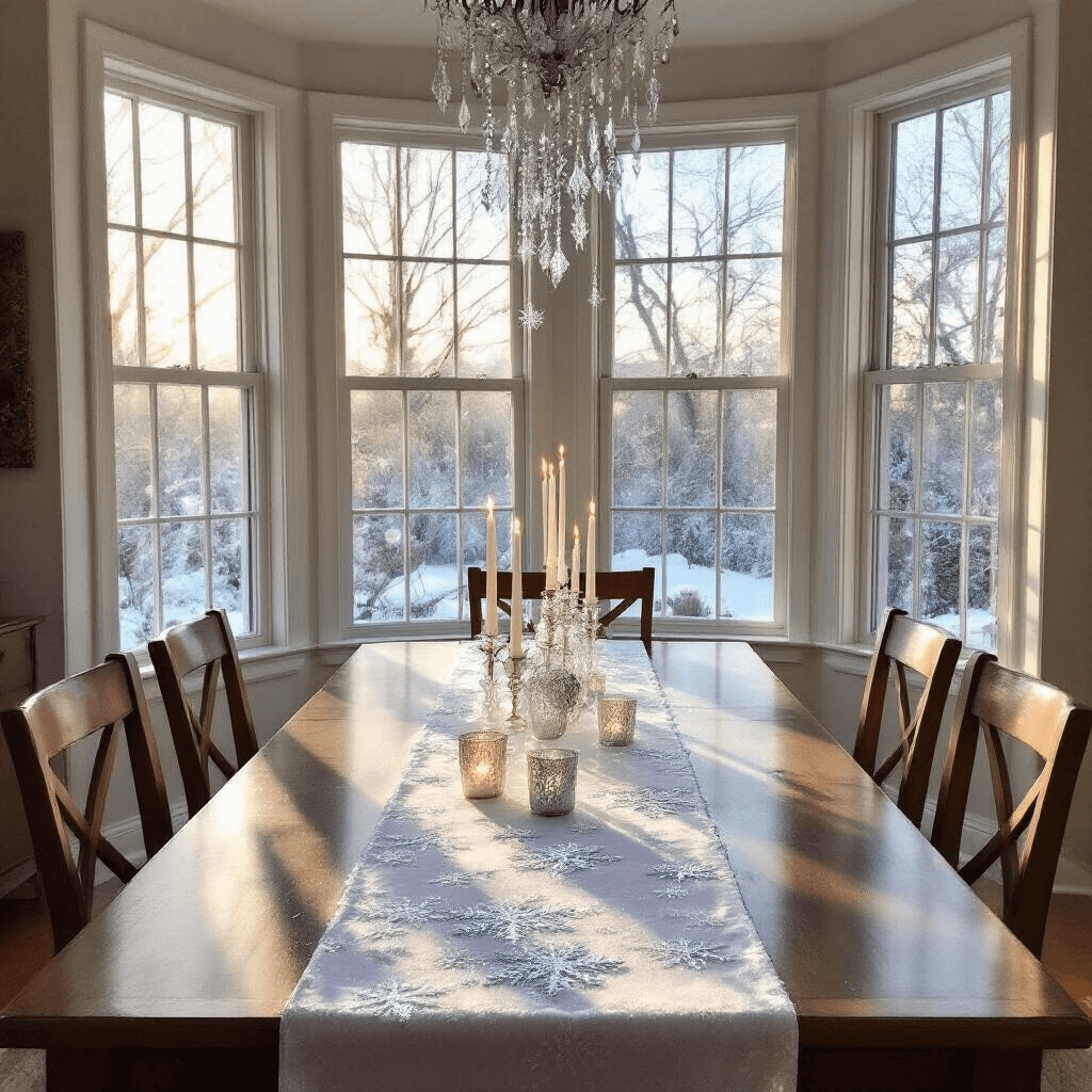 Cozy dining room with large bay windows, an 8ft rectangular table draped in a shimmering white runner, surrounded by crystal snowflakes and mercury glass candleholders, illuminated by fairy lights and late afternoon winter light, in a cool color palette.