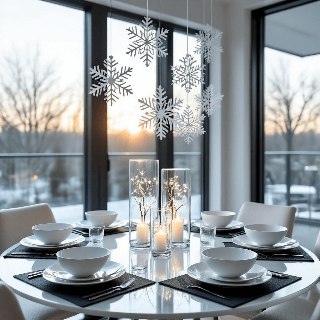A modern, minimalist dining space featuring a 60-inch round glass table under geometric paper snowflakes, with floor-to-ceiling windows allowing early morning light to illuminate the charcoal and white color palette, accented with ice blue. The table is set with white ceramic plates on matte black placemats and a centerpiece of clear glass cylinders filled with LED-lit branches and metal snowflakes, all shot at eye level for a symmetrical composition.