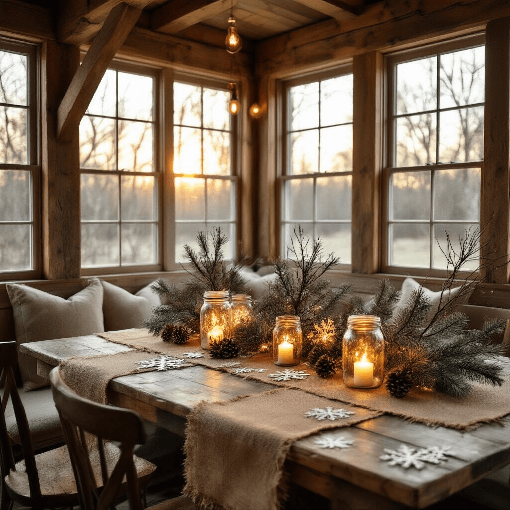 Intimate rustic dining nook featuring a wooden table with a burlap runner, snowflakes, and pine branches, illuminated by warm golden hour light filtering through frosted windows. Decorated with mason jars of fairy lights, pinecones, and paper snowflakes, all set in a warm winter color palette.