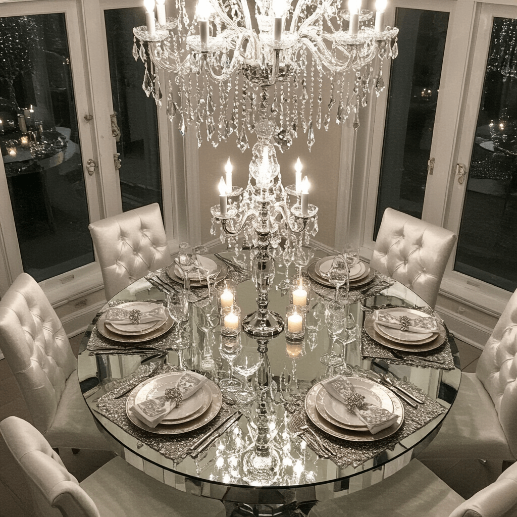 A bird's eye view of a luxurious formal dining room featuring a glass-topped table with a mirrored base and white velvet chairs, adorned with metallic placemats and mercury glass accessories. Crystal chandelier with dramatic uplighting casts reflections through layers of suspended crystals and snowflakes. Tall silver candelabras with flameless candles create a glamorous ambiance, complemented by a color palette of pearl white, champagne gold, platinum, and amethyst accents.