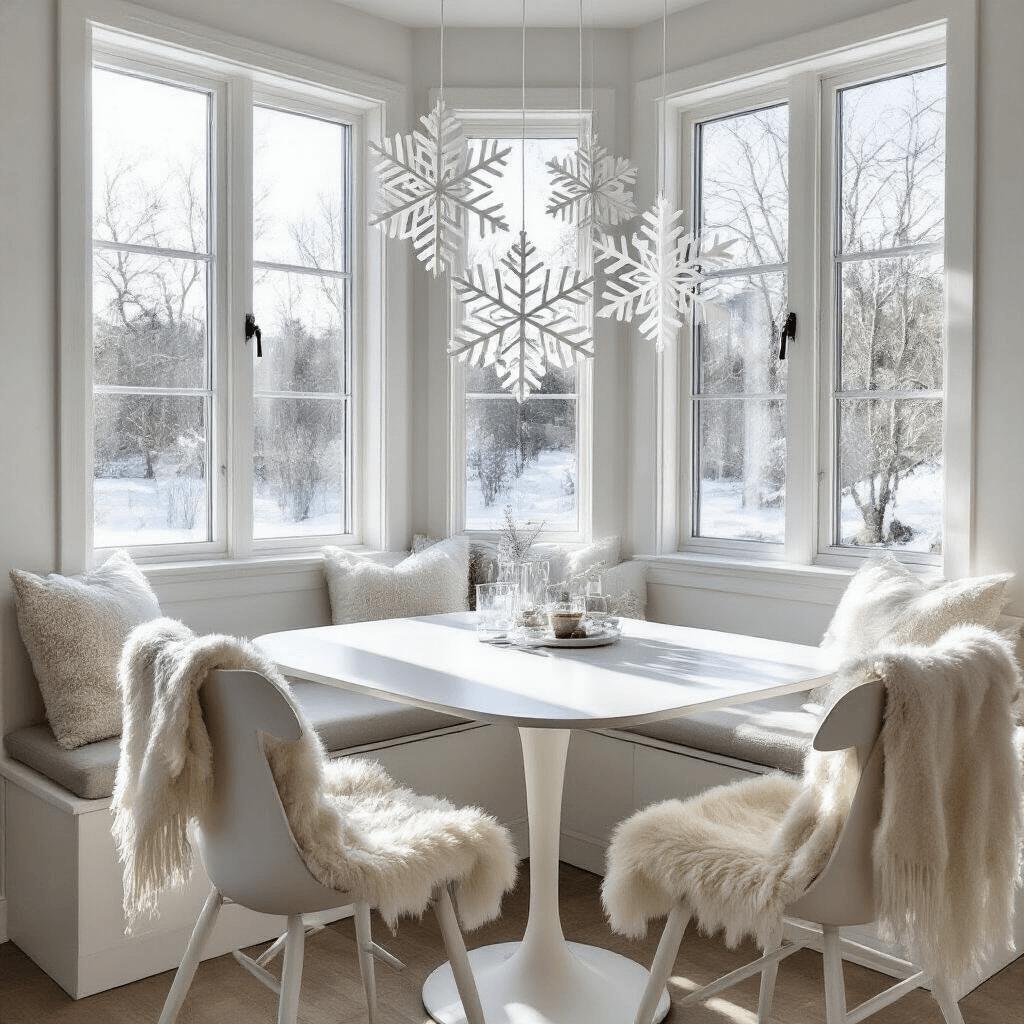 A contemporary breakfast nook features a white lacquered square table adorned with minimalist snowflake decor and three-dimensional paper snowflakes hanging above. Scandinavian-style white chairs with sheepskin throws are positioned around the table, illuminated by crisp morning light filtering through corner windows, with a winter palette of white, pale gray, ice blue, and black accents.