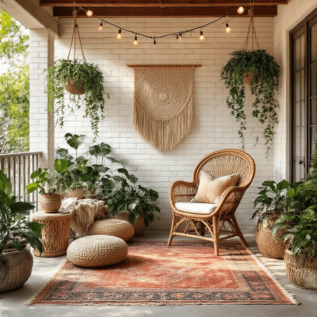 A sunlit covered patio featuring a rattan peacock chair against a whitewashed brick wall, adorned with Persian and jute rugs, cascading pothos and monstera plants, and string lights overhead, creating a warm and inviting atmosphere with natural materials and soft shadows.