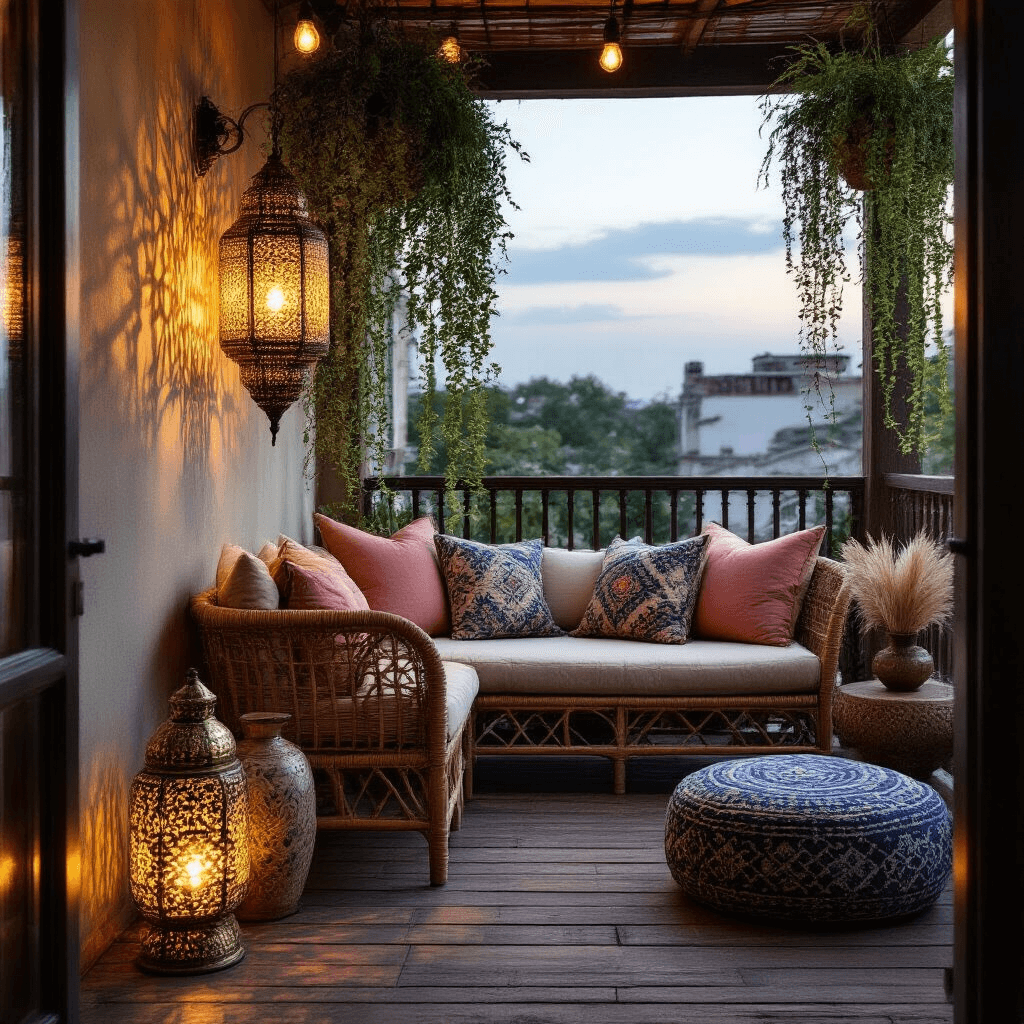 Intimate dusk view of a balcony featuring Moroccan brass lanterns casting shadows on weathered wood, a low rattan loveseat with earthy pillows, hanging jasmine and string of pearls, a vintage indigo kilim pouf, and a mosaic side table with dried pampas grass, all illuminated by warm bistro lights.