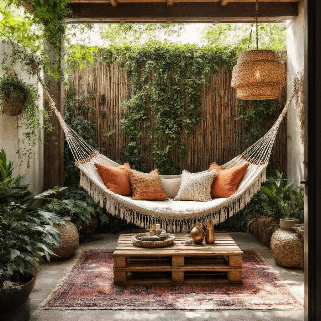 A cozy corner patio nook featuring a handwoven hammock with fringed cushions, surrounded by a planted privacy screen of bamboo and trailing ivy, with a reclaimed wooden coffee table styled with brass candleholders, and layered tribal rugs in earth tones, illuminated by morning light and a rattan pendant lamp casting dramatic shadows.