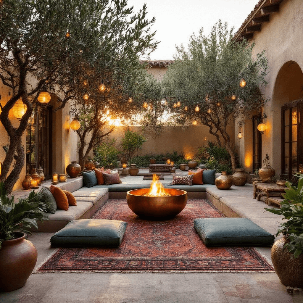 A ground-level view of a spacious 20x25ft courtyard patio at sunset, featuring a central conversation pit with jewel-toned cushions around a large copper fire bowl, surrounded by mature olive trees in terracotta planters. A vintage Beni Ourain rug anchors the seating area, complemented by ambient lighting from paper lanterns, hurricane candles, and copper string lights, while global artifacts like carved wooden stools, brass vessels, and hand-painted ceramics add character.
