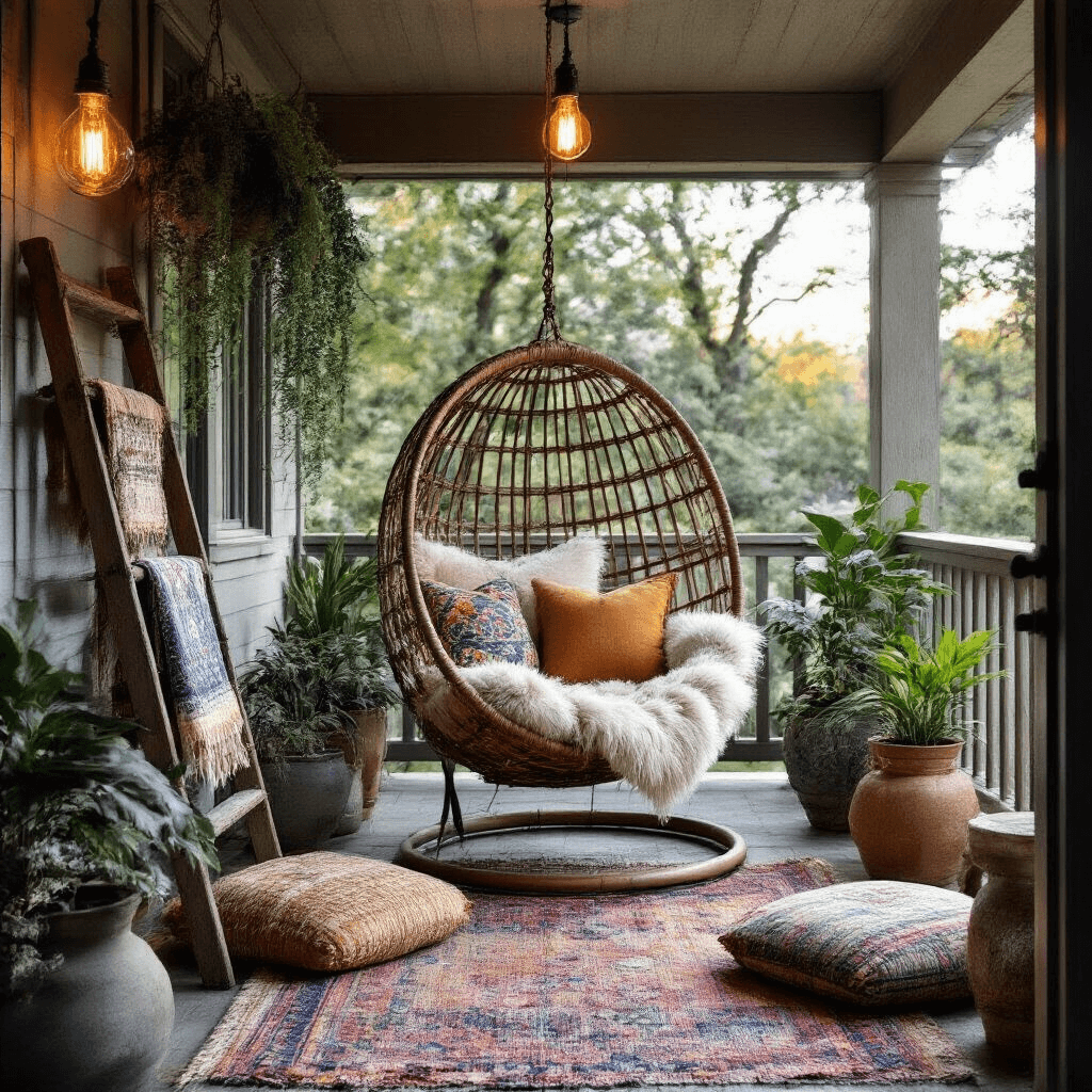 Cozy covered porch featuring a suspended rattan egg chair draped with sheepskin and embroidered pillows, surrounded by a weathered ladder with handwoven textiles, vintage rugs, eclectic plants in various vessels, and warm Edison bulb lighting, all captured during blue hour.