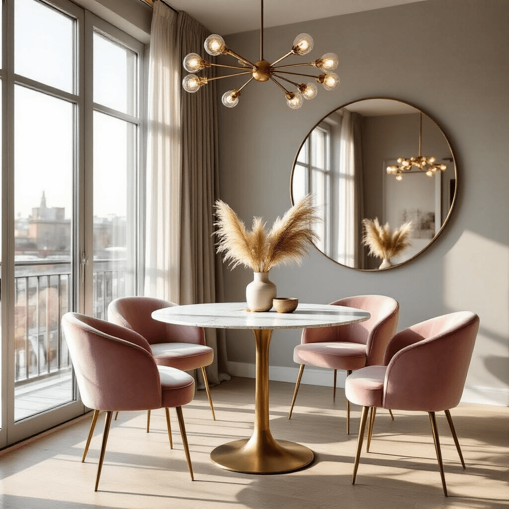 A sunlit dining area in a 12x14ft apartment featuring a round white marble-topped bistro table under a brass sputnik chandelier, surrounded by blush pink velvet chairs, with floor-to-ceiling windows casting shadows on pale oak flooring, and a large antiqued mirror reflecting warm light.