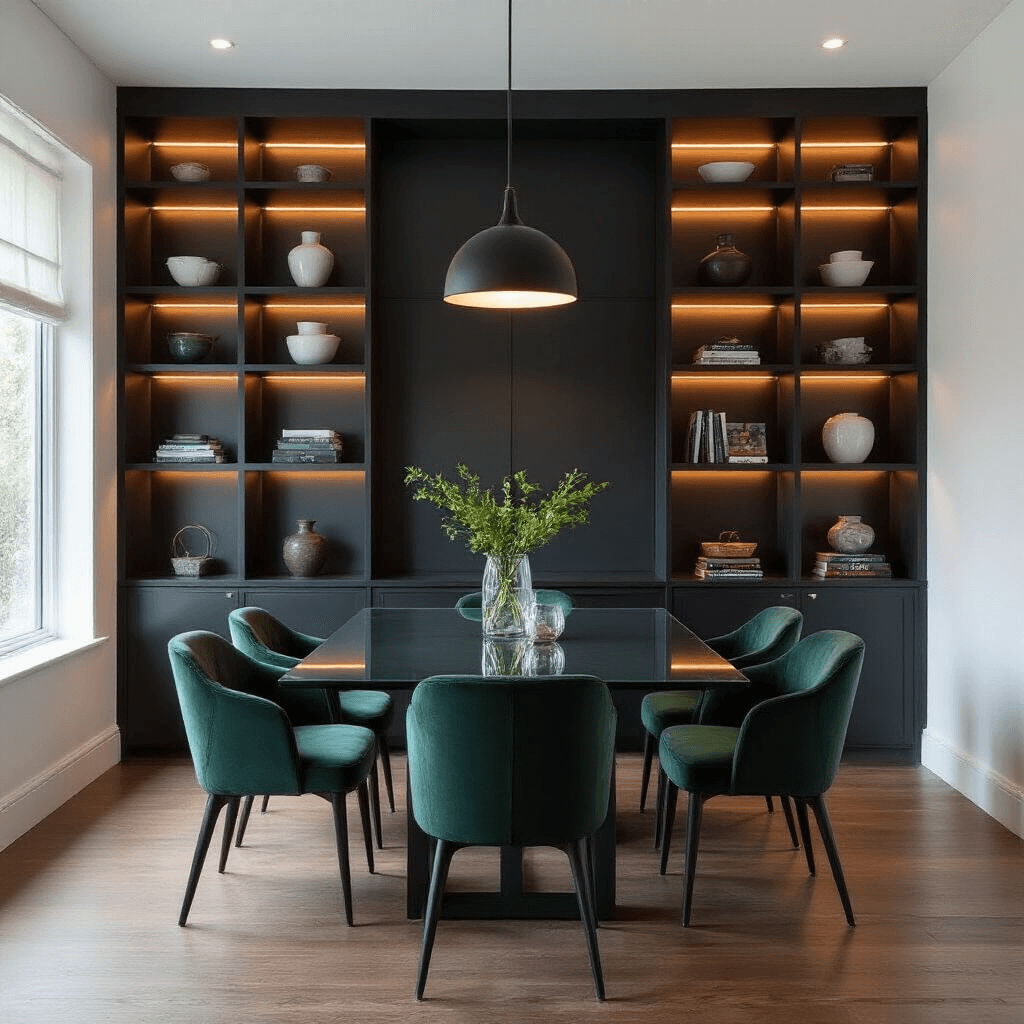Contemporary dining space featuring a floor-to-ceiling matte black shelving unit, a rectangular glass table, emerald green velvet chairs, and a minimalist black pendant light, all enhanced by indirect LED illumination and dramatic lighting against white walls and rich wooden flooring.