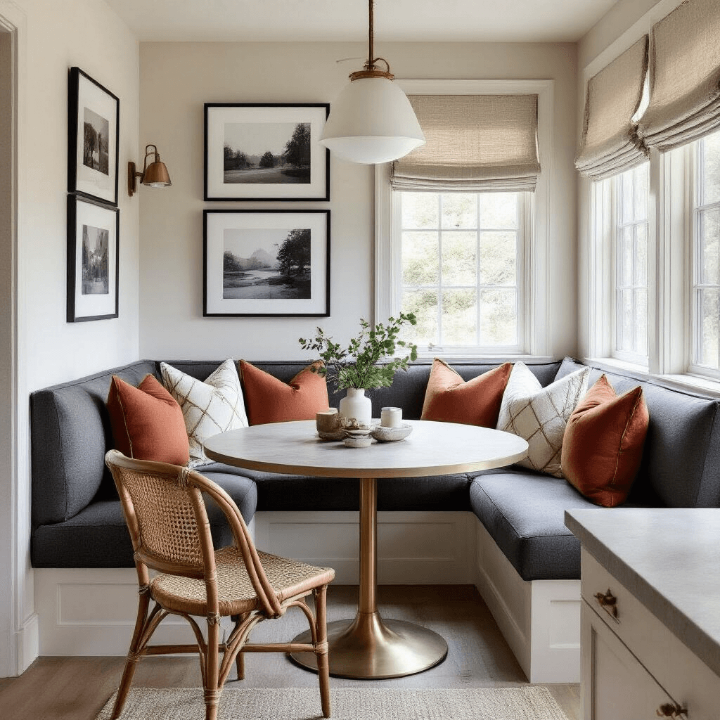 Cozy breakfast nook featuring a charcoal linen L-shaped banquette with geometric pillows, a round brass and concrete table, rattan chairs, and a gallery wall of black and white photographs, all bathed in warm morning light.