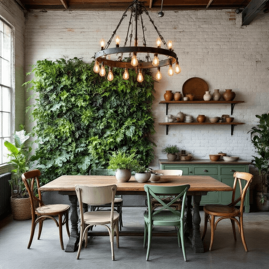 Eclectic dining area with a vintage farm table and mismatched sage green chairs, featuring an industrial chandelier and a living plant wall, captured during blue hour.