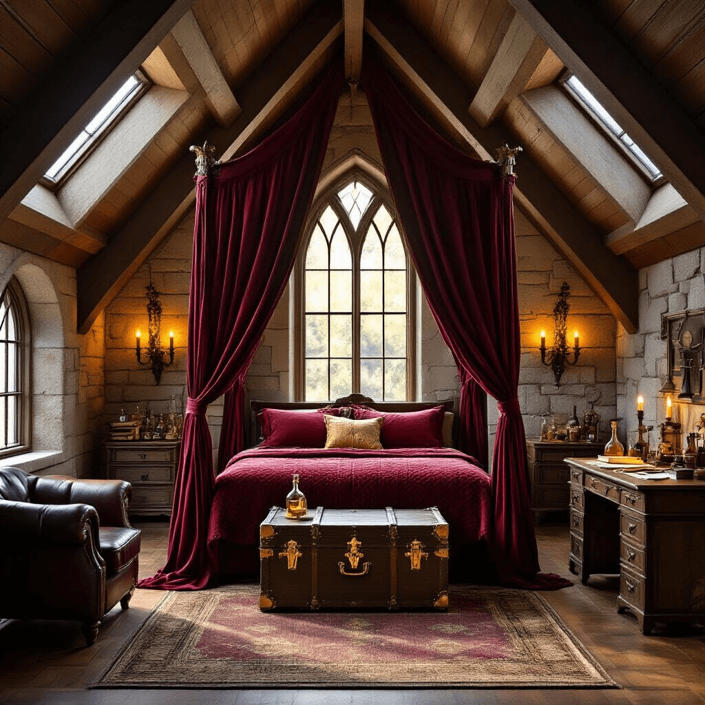 A cozy Gryffindor-themed bedroom featuring a four-poster bed with crimson velvet bedding, vintage trunk at the foot, and a warm ambiance created by sunlight streaming through an arched window, with stone-effect walls and floating candle sconces.