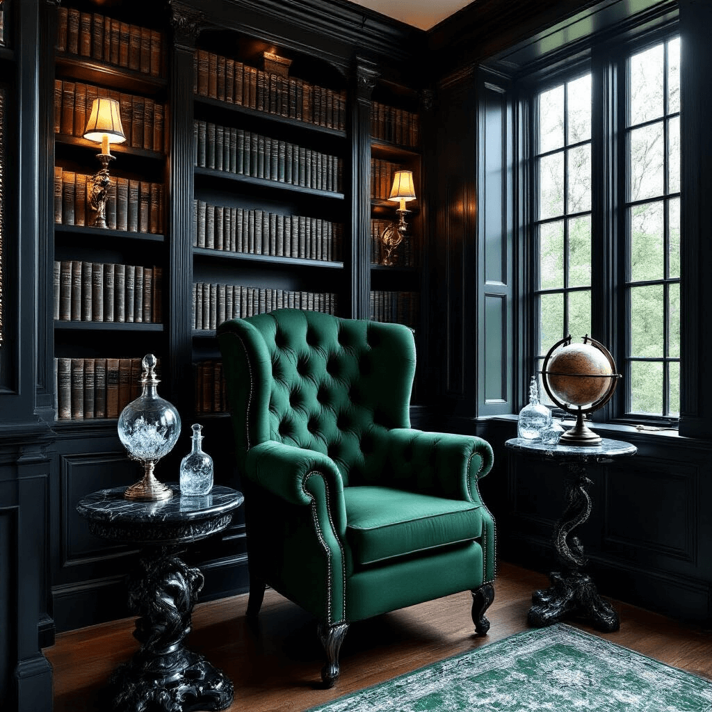 Slytherin-inspired study nook featuring an emerald green tufted reading chair under a tall bookshelf filled with leather-bound books, illuminated by silver sconces casting ethereal light on dark wainscoted walls; an antique globe and crystal potion bottles sit on a black marble side table, captured in deep forest greens, obsidian black, and sterling silver details during blue hour.