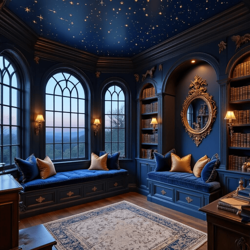 A Ravenclaw common room-inspired bedroom featuring midnight blue walls with bronze constellations and a starry ceiling. The bay window is adorned with a cozy window seat filled with velvet cushions and astronomical instruments. Gothic-style bookcases flanking an ornate bronze mirror showcase eagle motifs in the wooden details. Soft twilight mixes with warm lighting from library lamps, illuminating the elegant decor. The shot is taken from above to highlight the ceiling and overall layout of the room.