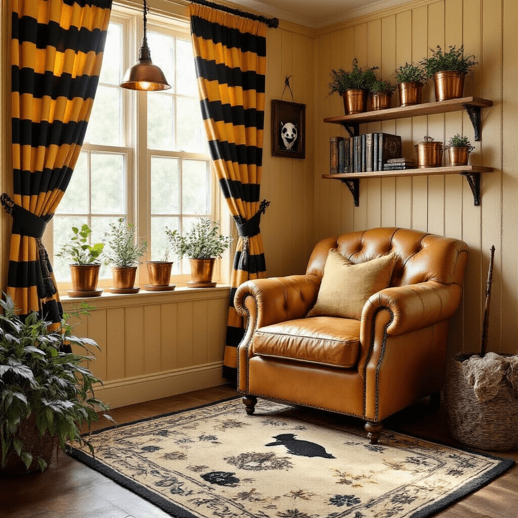 Cozy Hufflepuff-inspired reading corner with honey-colored wooden panels, black-and-yellow striped tapestries, an overstuffed buttery leather armchair on a vintage botanical rug, and floating wooden shelves holding copper plant pots with magical herbs, badger-themed bookends, and a wooden wand display, all illuminated by soft morning light through sheer curtains and a copper pendant lamp.