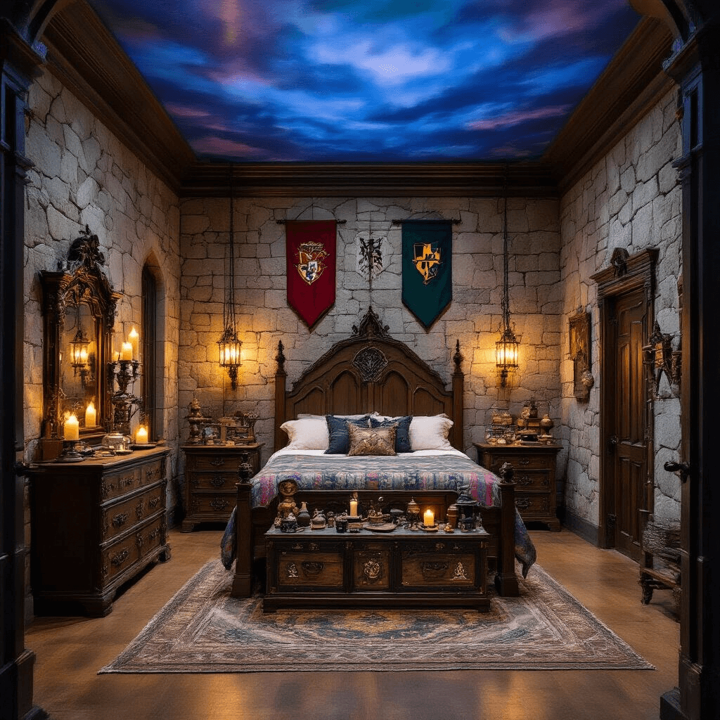 A Great Hall-inspired bedroom with faux stone walls and an enchanted twilight ceiling, featuring house banners above an ornate wooden bed. An antique gilt-framed mirror reflects light from floating candles, while a medieval-style chest displays house-themed items. The room is illuminated by dramatic overhead lighting and subtle sconces, showcasing a rich color scheme of all four houses.