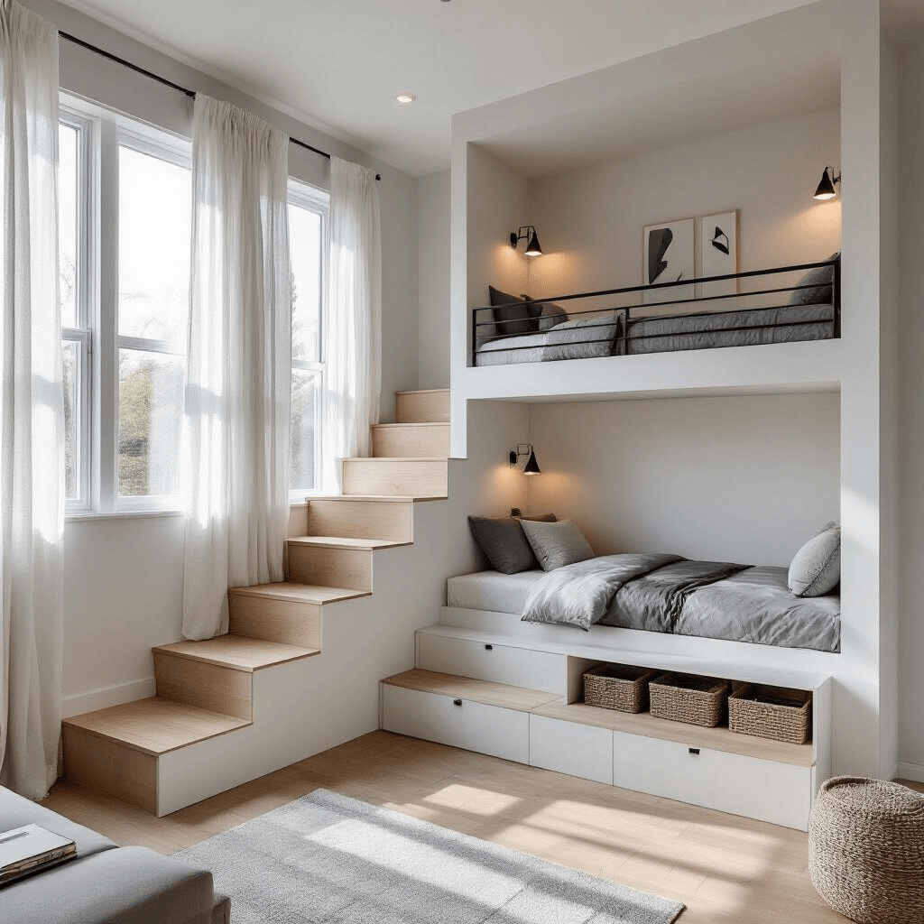 A serene modern minimalist bunk room featuring a custom L-shaped bunk bed, large windows with sheer white curtains, and clean-lined maple storage stairs, all illuminated by early morning light. The space includes built-in floating desks, geometric bedding, and abstract wall art against pale gray walls and light oak flooring.