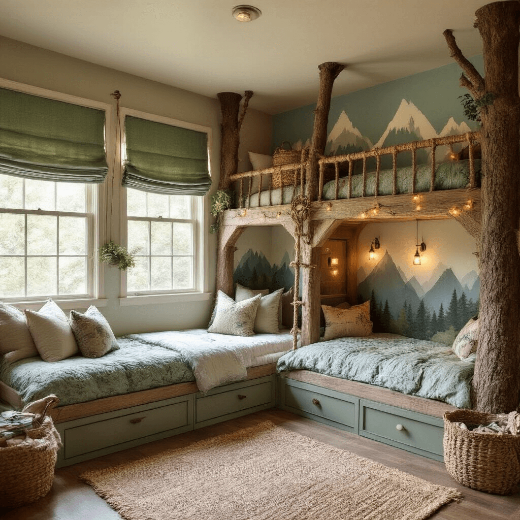 A cozy woodland-themed adventure zone featuring treehouse-inspired built-in bunks, hand-painted mountain murals, and soft golden hour light filtering through green roman shades, creating a playful and imaginative space filled with natural textures and magical decor.