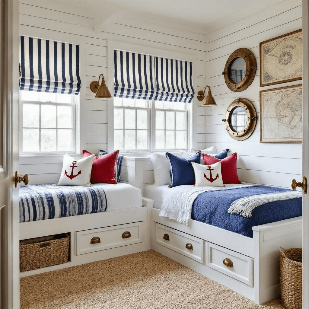 A bright nautical-themed room with white shiplap walls, navy and white striped Roman shades, traditional stacked bunks in weathered white wood, and accented with vintage nautical maps and brass porthole mirrors, featuring navy, white, and red bedding with rope details and anchor motifs, all illuminated by mid-morning sunlight.