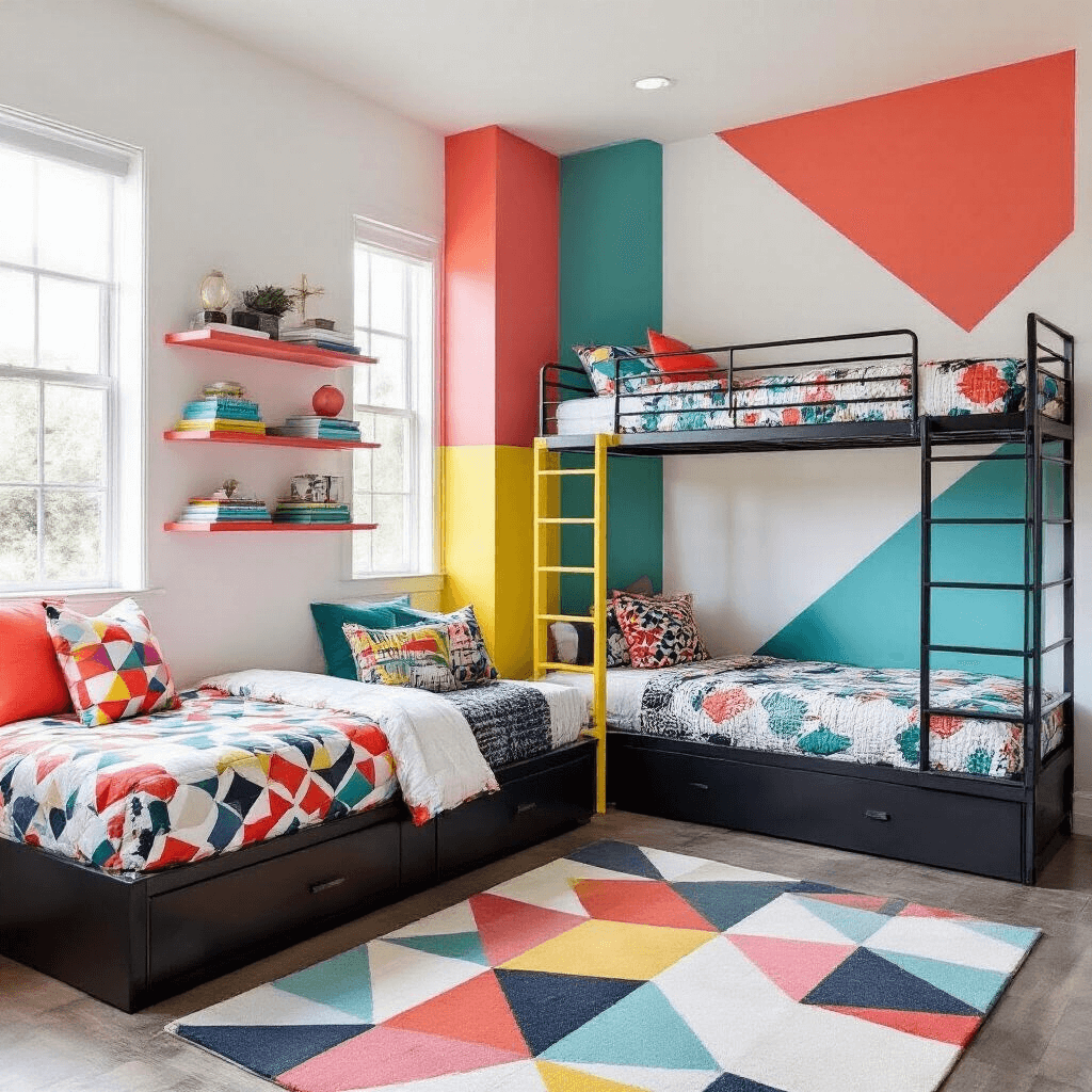 A vibrant bedroom featuring dramatic 9ft ceilings, white walls with geometric color blocks in coral, teal, and sunshine yellow, modern black metal bunks with colorful ladders, bold patterned bedding, oversized abstract art, and a geometric area rug, all illuminated by afternoon light.