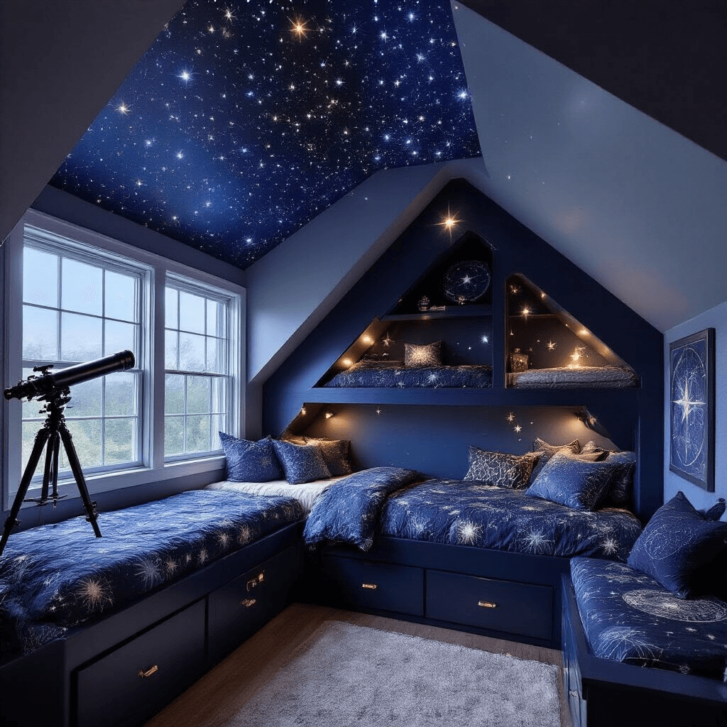 A dreamy stargazer's hideout featuring a pitched ceiling with a fiber optic star installation, dark navy built-in bunks with LED constellation lighting, deep space blue walls with metallic silver accents, cosmic pattern bedding, a telescope by a window, floating planet shelves, and glow-in-the-dark star maps, captured from a low angle to emphasize the magical, celestial atmosphere.