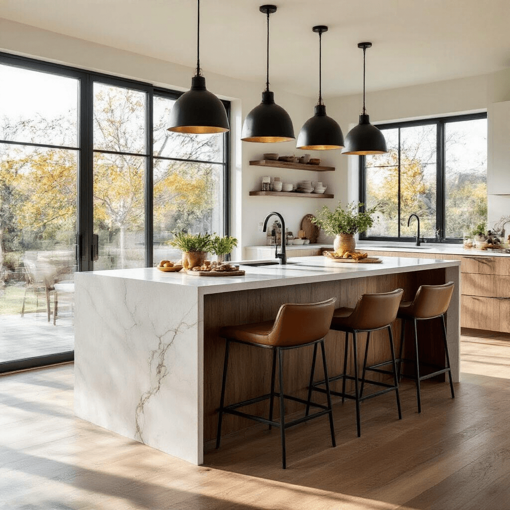 A modern T-shaped kitchen island in a sunlit contemporary kitchen, featuring a white quartz worktop, walnut breakfast bar, black pendant lights, and leather barstools, with artisanal ceramics and a charcuterie board in a warm color palette of white, walnut, black, and copper.