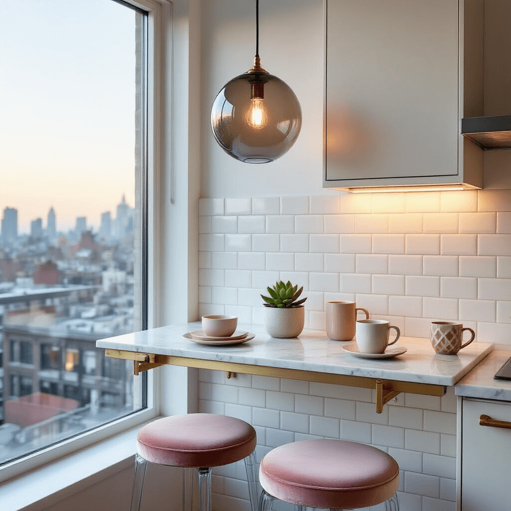 A cozy 8x10ft urban breakfast nook featuring a wall-mounted fold-down brass and marble breakfast bar, acrylic ghost stools, and a smoked glass pendant light, styled with minimalist settings and a potted succulent, captured during blue hour.